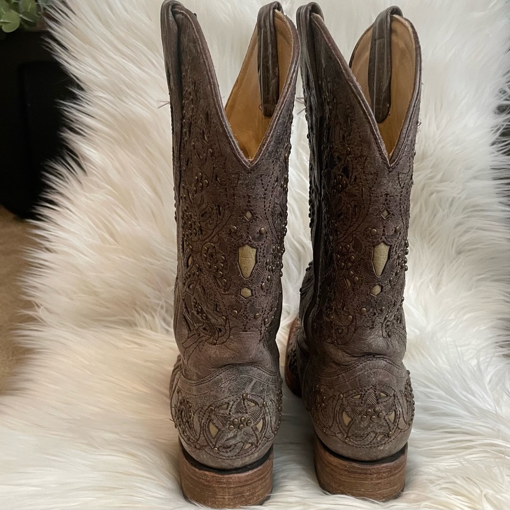 Corral Brown Leather Western Cutout & Stud Ankle Boots - Picture 3 of 6